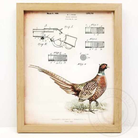 Pheasant Hunting Shell Ammo Outdoors Wildlife Patent Print Natural Framed 8x10" - Picture 1 of 7